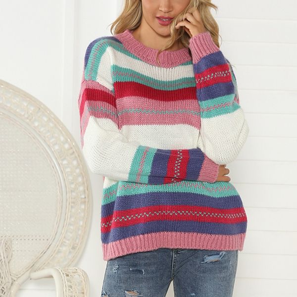 

autumn 2019 winter clothes women knitted sweater casual color block stripe pullover o-neck long sleeve loose sweaters, White;black