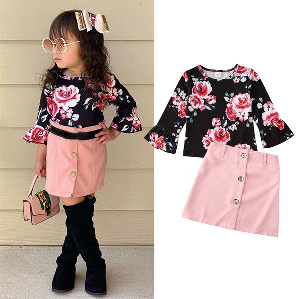 

2020 мода дети новорожденных девочек черный цветок печати блузка топы + розовая кнопка юбки 2 шт. осень весна наряды одежда набор, White