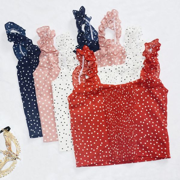 

women summer crop sleeveless tank dot print ruffles chiffon camis female, White