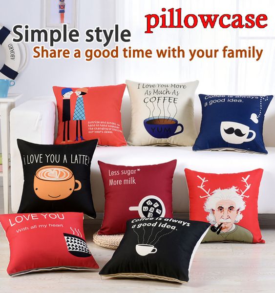 

cotton and linen pillowcase simple style car pillowcase sofa cushion zipper modern pillowcase bedding cartoon pattern cup couple character