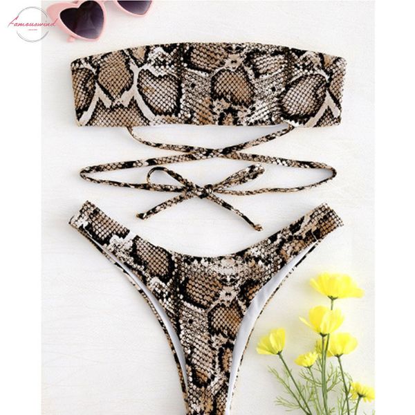 

woman bikini swimsuit 2020 snake skin pattern tube cross bandage bikini set brazilian swimwear beachwear swimsuit thong, White;black