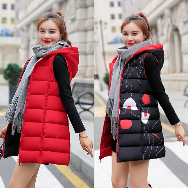 

2019 warm winter jacket women sleeveless down cotton coat long zipper women vest plus size fashion waistcoat female parkas, Black;white