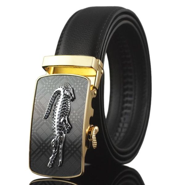 

luxury mens alligator embossed plaque buckle cowskin genuine leather ratchet belt 3d crocodile pattern jeans belts for men ing, Black;brown