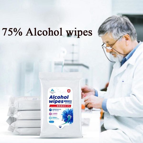 10pcs / saco de 75% de álcool toalhetes desinfecção descartável Mão Wet Wipes Álcool Pele Limpeza Limpe portátil limpa desinfecção Dipes