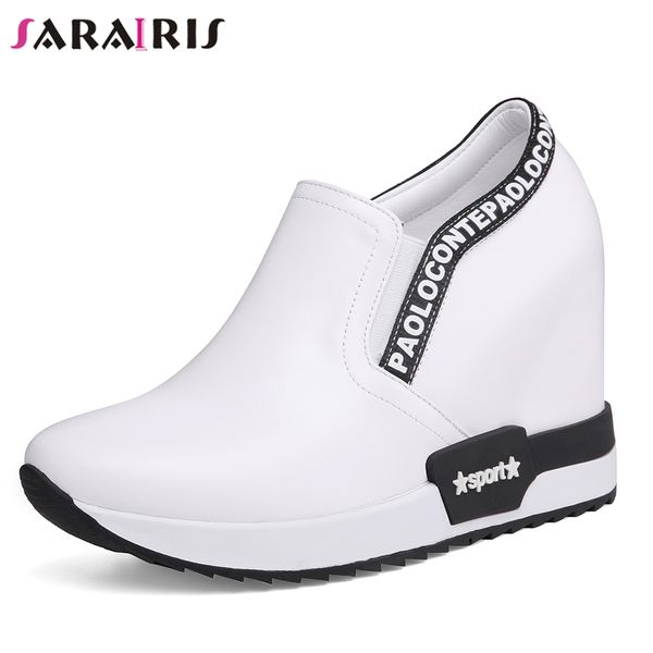 

sarairis 2019 new ins fashion slip on sneakers genuine leather shoes woman casual wedges shoes women size 32-40, Black