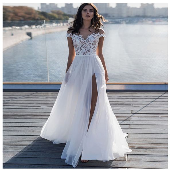 

country boho wedding dresses illusion lace bohemian wedding dress with high slits a line chiffon off the shoulder beach bridal gown 2018, White