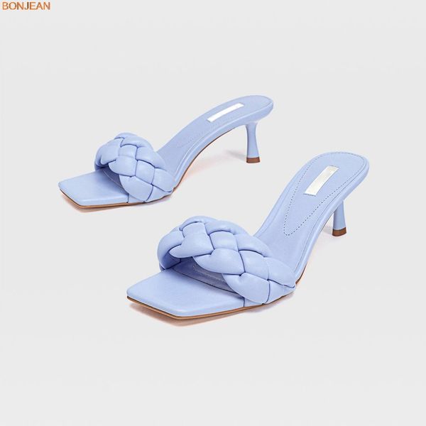 

fashion design weave women slipper ladies thin high heel sandal open toe slip on summer outdoor slides flip flop shoe, Black