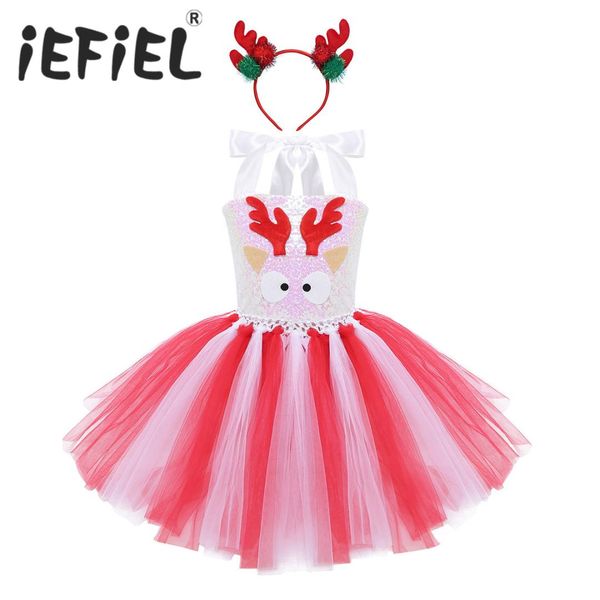 

girls christmas red dresses shiny sequins cartoon mesh tulle tutu dress xmas cosplay for fancy party costume carnival role play, Red;yellow