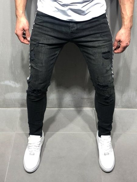 

skinny long designer mens jeans fashion hole ribbon panelled slim pencil pants street hip-hop mens trousers, Blue