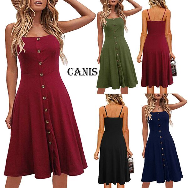 

women summer boho beach sleeveless midi dress ladies button evening party solid dresses sundress, Black;gray