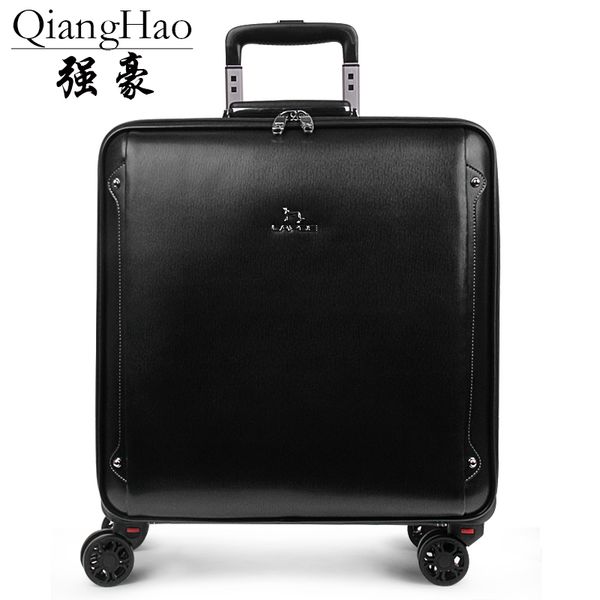 

бренд qianghao 16"20" дюймов 100% коровья кожа чемодан кабина черная тележка натуральная кожа ручная кладь