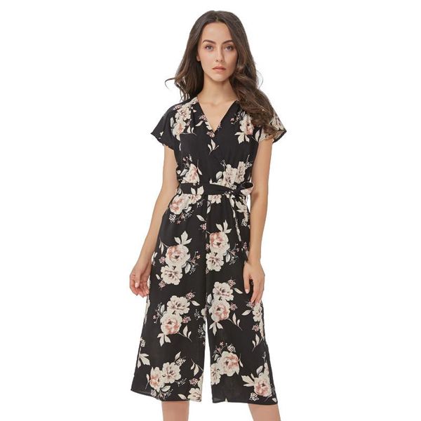 

women vintage v neck floral jumpsuits wide leg pants sashes pleated elastic waist rompers summer casual playsuits fitness, Black;white