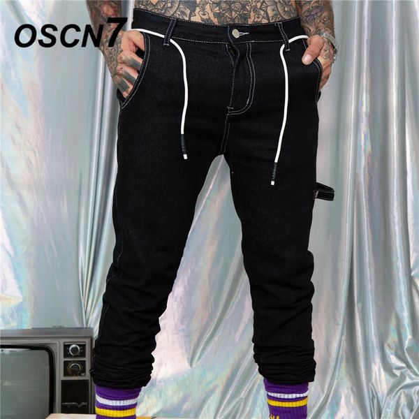 

oscn7 streetwear hip hop jeans pants men brand high street 2019 new fashion trend elastic band denim mens pants 8002, Blue