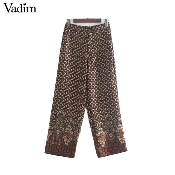 

vadim women cozy basic wide leg pants pockets zipper design female casual full length trousers print long pantalones kb145, Black;white