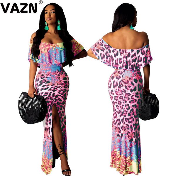 

vazn gsmr19347 chic design 2019 summer lady leopard dress slash neck ankle-length side vent dress lady club chic dress, Black;pink