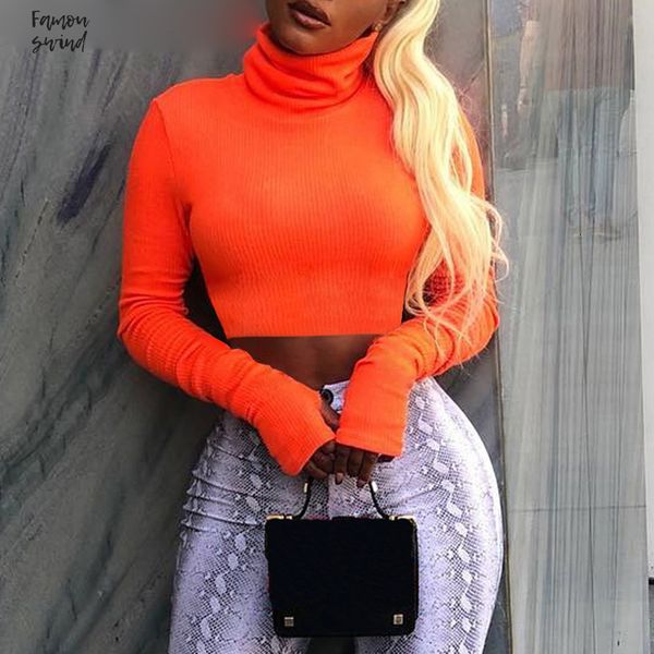 

футболка aossilind женщины водолазка с длинным рукавом sexy crop top осень зима короткие повседневные рождественские пуловеры, White