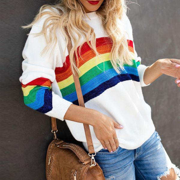 

colorful rainbow pattern 2019 autumn winter loose sweater women long sleeve chic ladies knitted casual sweaters pullover, White;black