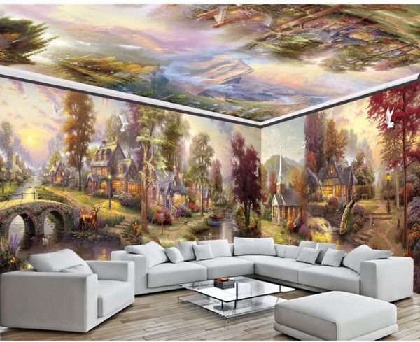 papéis de parede de sala de estar moderna cidade, jardim rural, pintura a óleo, casa inteira, parede, mural personalizado
