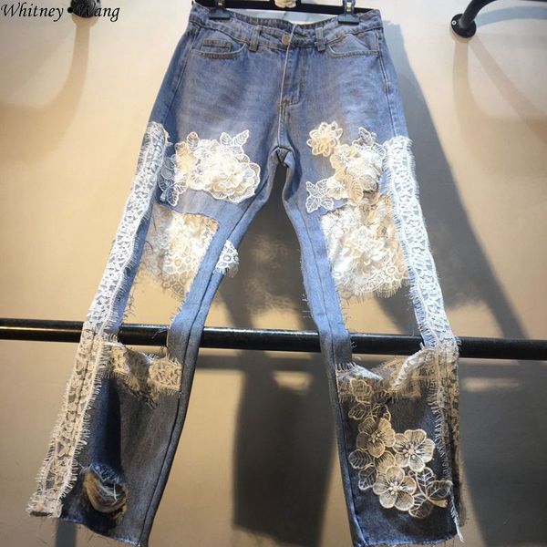 

whitney wang 2019 summer fashion streetwear lace florals patchwork holes jeans women stylish denim pants, Blue