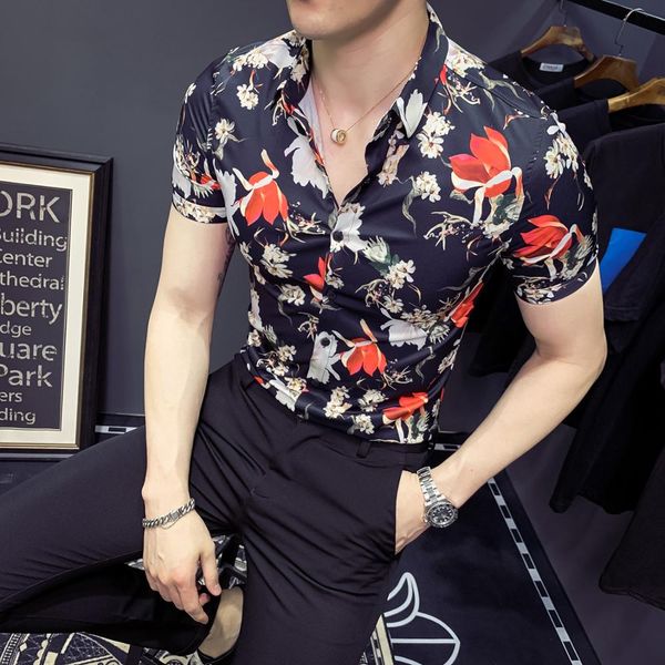 

2019 men shirt casual short sleeve slim fit social shirt fashion flower print hawaiian for male summer beach floral, White;black