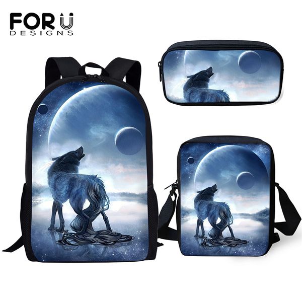 

forudesigns fashion kids school backpacks moon wolf pattern primary school toddler book bags/messenger bags/pen bags 3pcs set