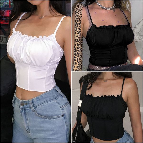 

tank top женщины одежда женщина vintage многоуровневого рукавов strappy сборка crop безрукавка жилет трусики top drop доставка, White