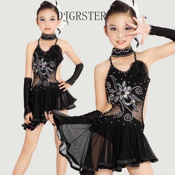 

child latin dance dresses for sequin style cha cha/rumba/samba/ballroom/tango dance clothing kids costume girls dancewear, Black;red