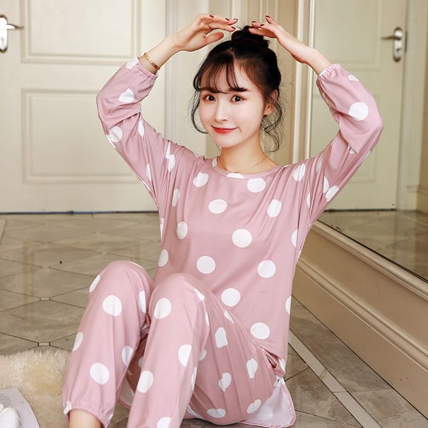 

2019 spring long sleeved pajamas set for women nightgown loose sweet girl sleepwear suit autumn two-piece student casual clothes, Blue;gray