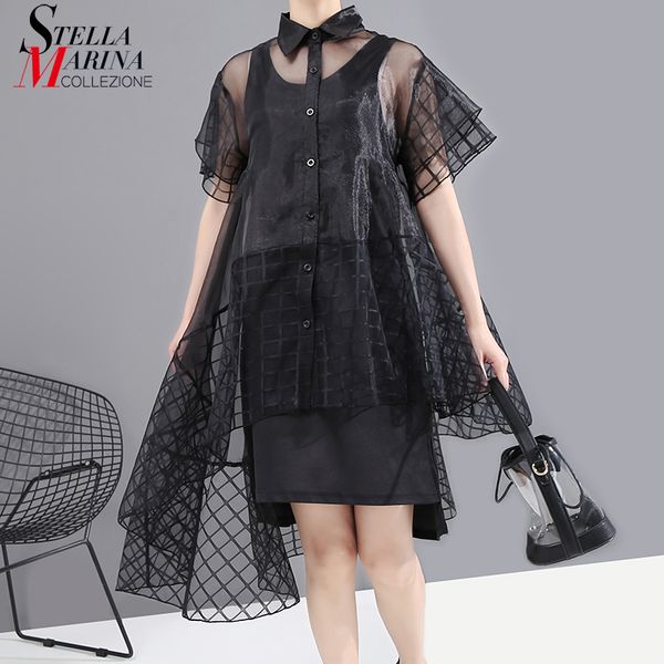 

casual dresses 2021 women two piece set summer black transparent mini organza shirt dress & vest inside lady unique robe 6101, Black;gray