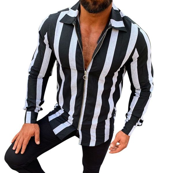 

men shirt slim fit long sleeve 2019 men's casual fashion slim stripe printing zipper long sleeve shirts blouse#g3, White;black