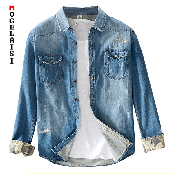 

denim shirt men casual long sleeve 100% cotton spring pocket comfortable shirt for man clothing 3xl 5044, White;black