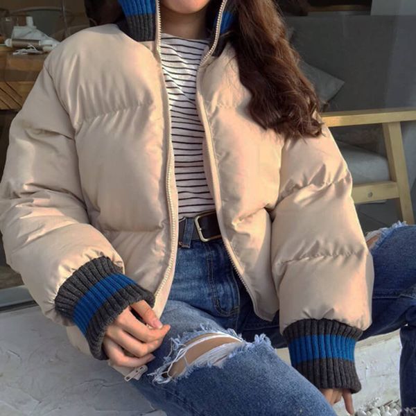 

2020 fashion autumn winter women mujer coat loose stand collar harajuku bf patchwork jacket warm casual oversized parkas a94, Black