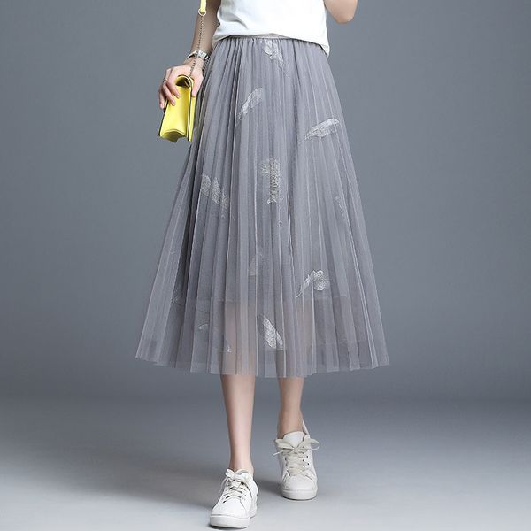 

2019 summer chic women maxi tulle skirt a-line long pleated skirts feather plus size jupe femme faldas mujer, Black