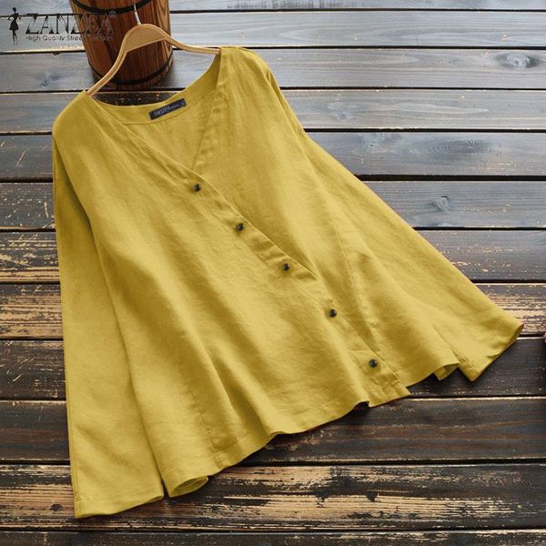 

plus size women's cotton blouse 2020 zanzea vintage spring shirts long sleeve blusas female v neck casual button down tunic, White