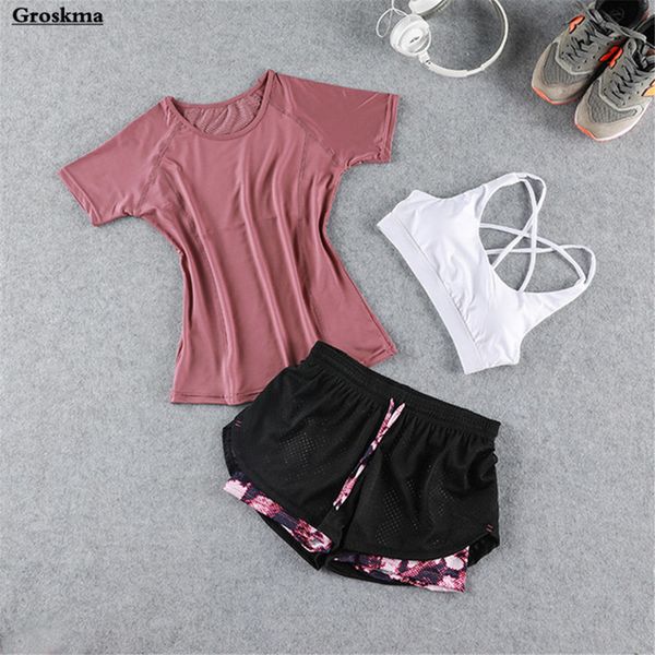 

gym fitness women yoga 3 piece set mesh t shirt+bra+shorts 2019 summer outdoor sportswear clothing quick dry running suit, White;red