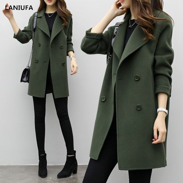 

autumn winter women woollen coat long sleeve turn-down collar oversize blazer outwear jacket elegant overcoats loose coat women, Black