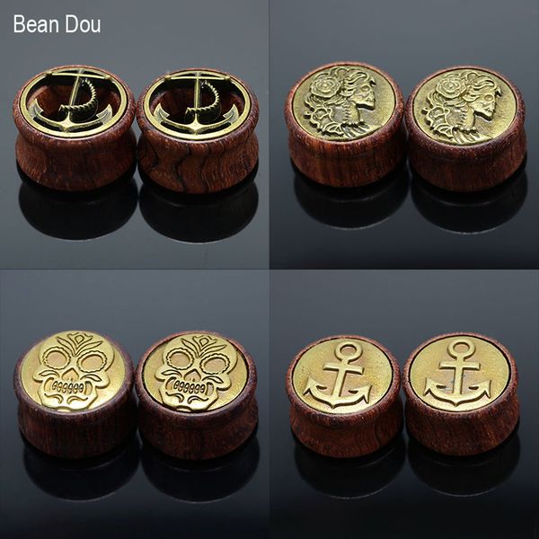 

natural wood ear plugs flesh tunnels saddle ear tragus expanders skull anchor gauges 8-14mm body piercing jewelry anti-allergic, Slivery;golden