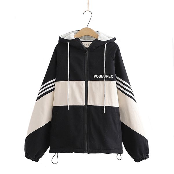 

vintage female wool coats wild colour patchwork hooded parkas loose casual women warm thick outwear, Black