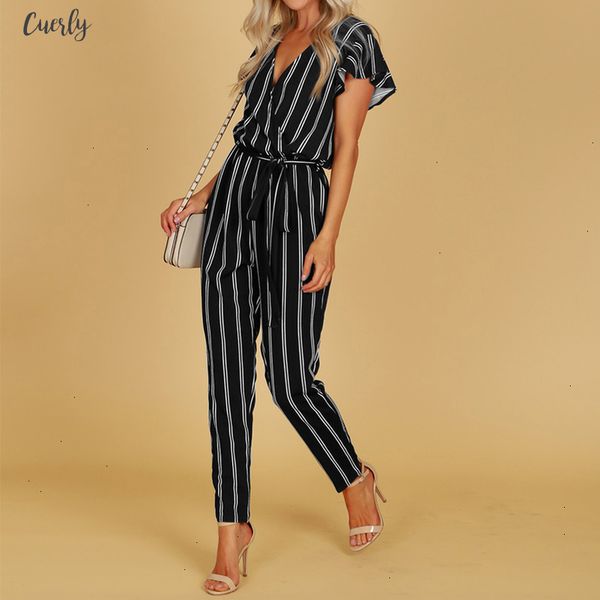

2020 elegant rompers women jumpsuit female striped pants office ladies bodysuits v neck belted summer trouser plus size, Black;white