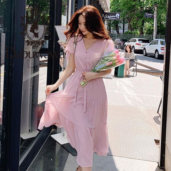 

dabuwawa new summer women's romantic chiffon lantern short sleeve v-neck elegant pink maxi long dress dn1bdr116, Black;gray