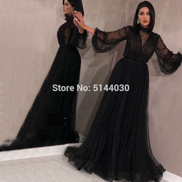 

dubai muslim black peach pearls beach tulle evening dresses 2019 latest design long sleeves prom evening party gowns, White;black