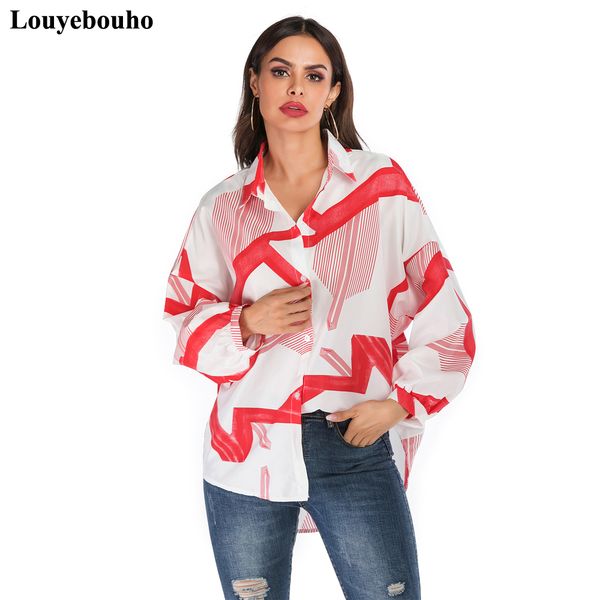 

women casual loose print shirt long sleeve single breasted turn down collar 2019 autumn winter fashion office blouse blusas, White