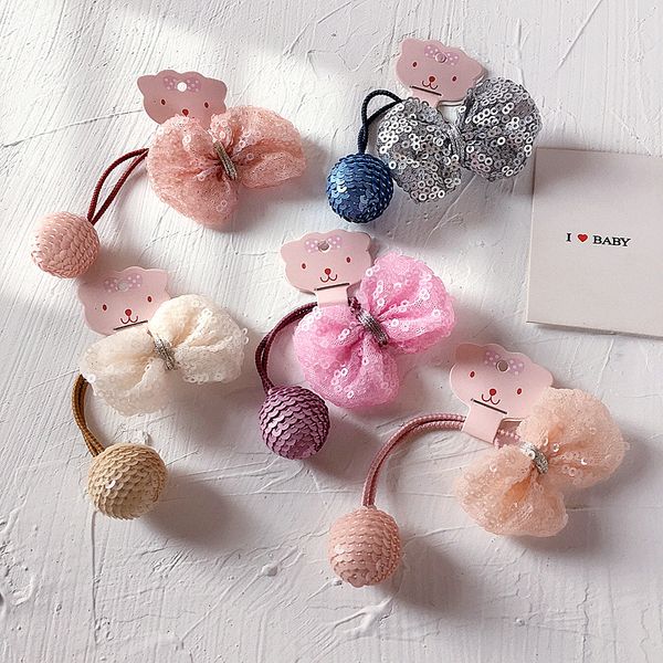 

2020 new korean simple cute hair ties sequins bow colored balls sweet children's rubber band for girl fashion hair accessories, Slivery;white
