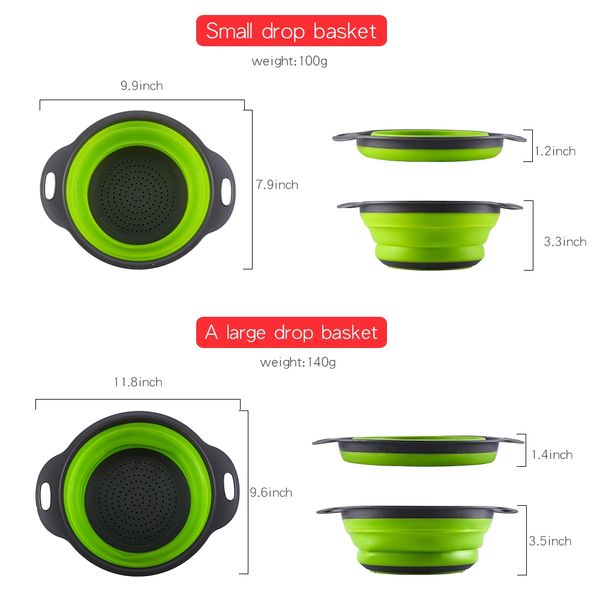 

large size + small folding drain basket-green circle drain basket extendable fruit brasket 2 pieces rubber-plastic fruit basket