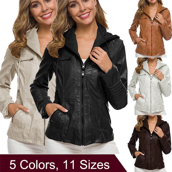 

women long sleeves autumn pu slim jacket ladies winter solid zipper coat girls casual locomotive motor style jacket with hat, Black