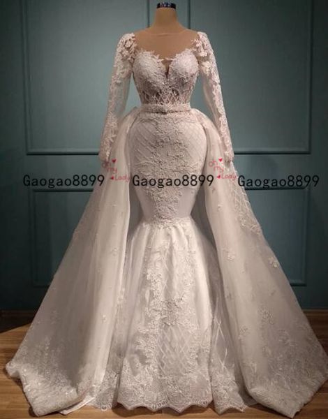 

2020 winter luxury unique design mermaidwedding dresses floor length with detachabled train beaded lace applique bridal gowns custom made, White