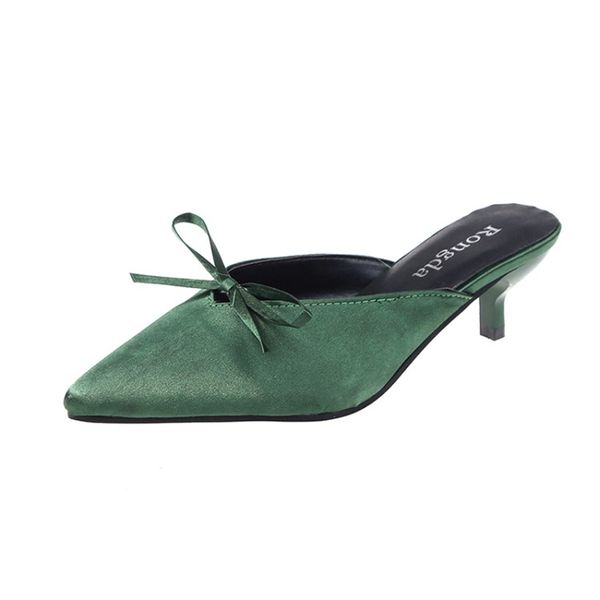 

pointed toe green stain ladies slides bow fashion design 2019 new women outside slippers stiletto high heels mules, Black