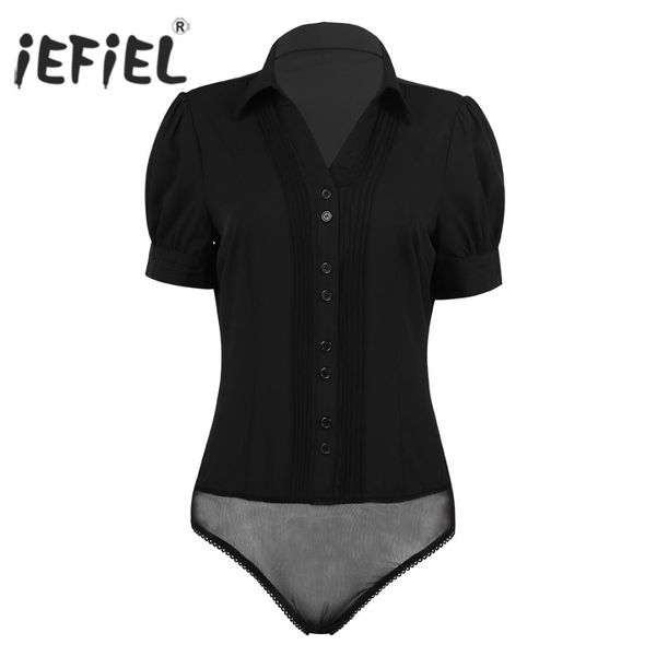 

womens office bodysuits turn-down collar front ruffled snap-close panty casual costumes career shirt business bodycon blouse, Black;white