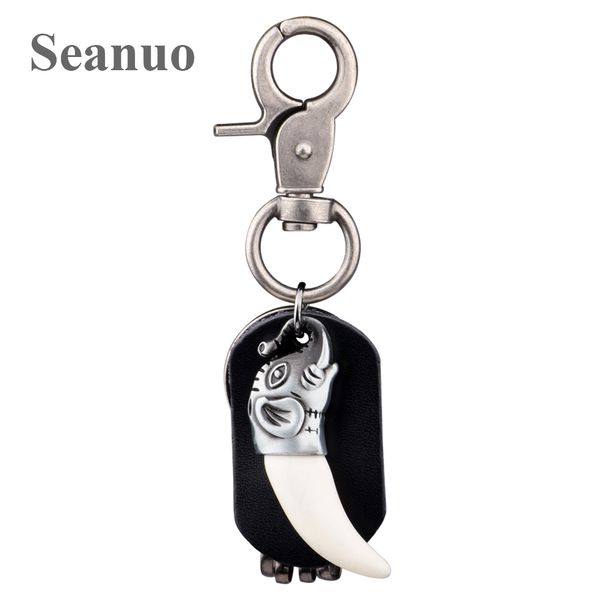 

seanuo unique elephant head with wolf spike copper alloy car key chain key holder for men punk leather door keychain with 5 hook, Silver