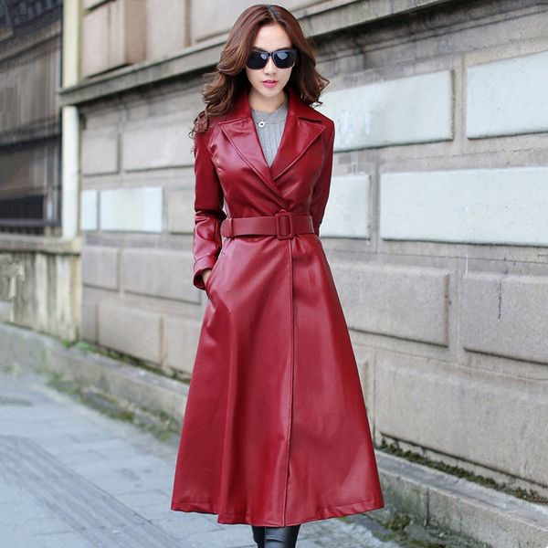 

spring red black jacket autumn women's new slim long lapel pu leather jacket women elegant waistband lady coat feminine py48